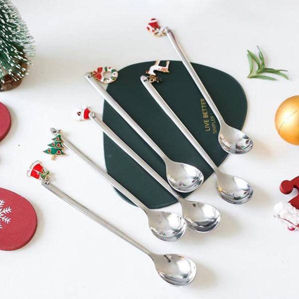

forks stainless steel christmas gift tableware coffee spoons ice cream dessert spoon snowman tree kids drinking tea