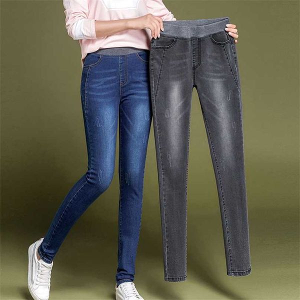 Femininas Simples Sólido Elástico Elástico Cintura Skinny Plus Size 38 Moda Mulheres Preto Azul Slim Mom Calças de Jeans Esticar Denim Calças 211112