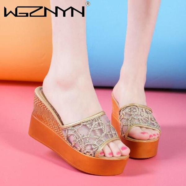 

women wedge slippers pumps bling high heel ladies mules golden wedding party platform shoes peep toe wedges women slippers, Black