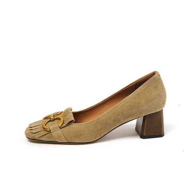 

frosted leather high-heeled sho women's thick shallow mouth tassel summer 2021 spring and autumn pony buckle middle, Black;white