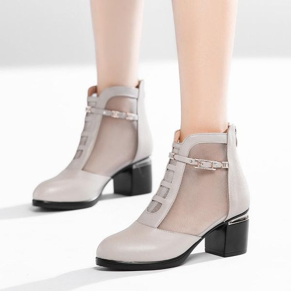 

boots lisunny 2021 fashion women's mesh middle heel shoes metal rhinestone summer lady single net boot 35-43, Black