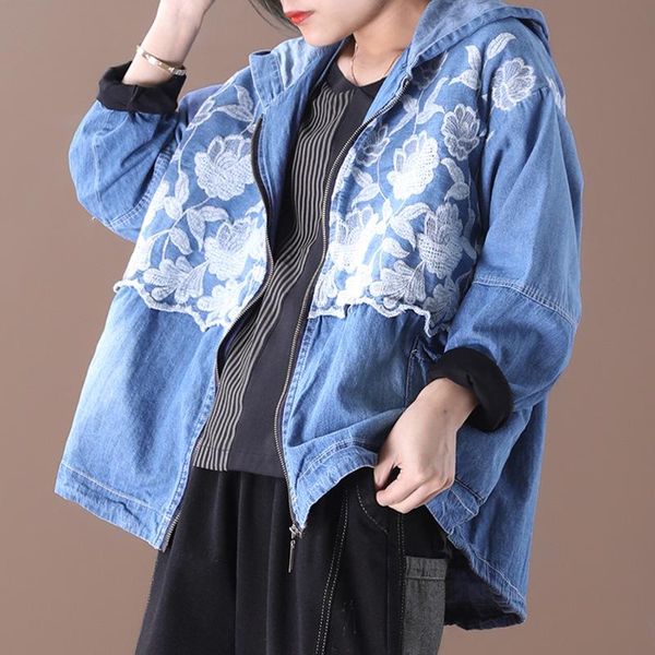 

korean style coats women loose plus-sized artistic embroidery lace stitching hooded denim cropped jacket autumn, Black;brown