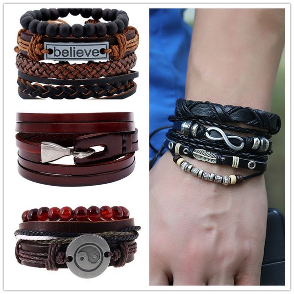 

multi-layer retro metal leather bracelets set men vintage handmade anchor charm bracelet bangles homme male jewelry gift, Golden;silver