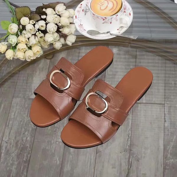 

2021 sell well women summer genuine leather sandals beach slide fashion scuffs slippers shoes size eu 35-41 with box 03, Black