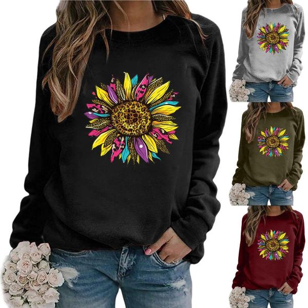 

women's t-shirt tee shirt sunflower print o-neck long-sleeved casual loose round neck long sleeve clothes female, White