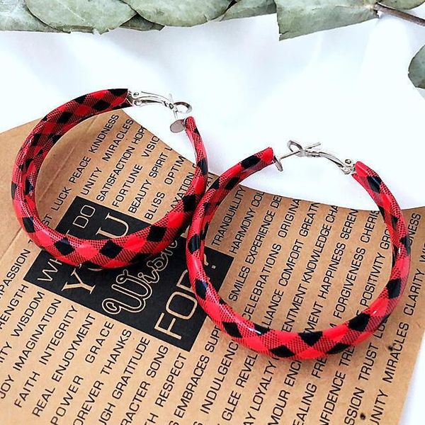 

hoop & huggie european and american leather geometric jewelry women's metal rimmed round red lattice earrings, Golden;silver