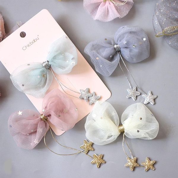 

1pc new children hair accessories star yarn hanging little tassel bow hairpin girl baby hair clips headdress, Slivery;white
