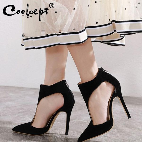

dress shoes coolcept women pumps simple zipper pointed toe thin high heels fashion catwalk show footwear size 35-40, Black
