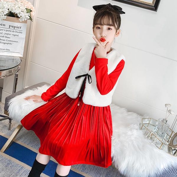 

children winter girls set long sleeve plush dress+fur vest two piece toddler girl outfits thicken pure color casual kids clothes, White