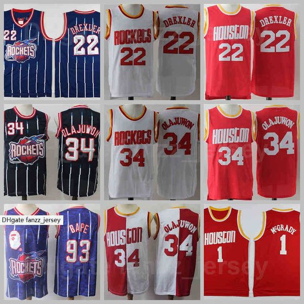

vintage basketball hakeem olajuwon jersey 34 men retro clyde drexler 22 tracy mcgrady 1 all stitching red white navy blue breathable good qu, Black;red