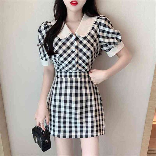 

plaid vintage two piece set women short sleeve shirt blouse crop bodycon mini skirts sets fashion preppy sweet 2, Gray