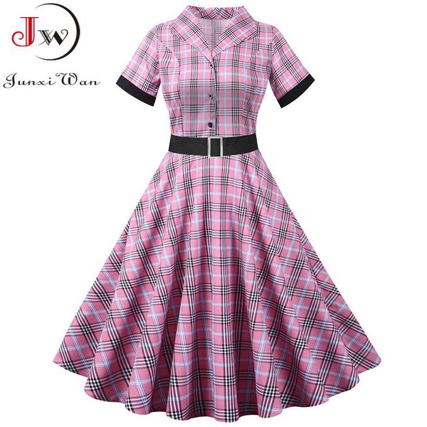 

casual dresses 2021 summer plaid print vintage dress women elegant short sleeve notched collar slim party with belt plue size robe, Black;gray
