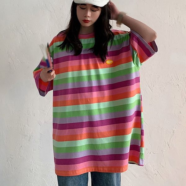 

summer women's fashion t-shirt with short mouwen o-neck raiow stripped loose tea lovers lover tshirts casual new, White
