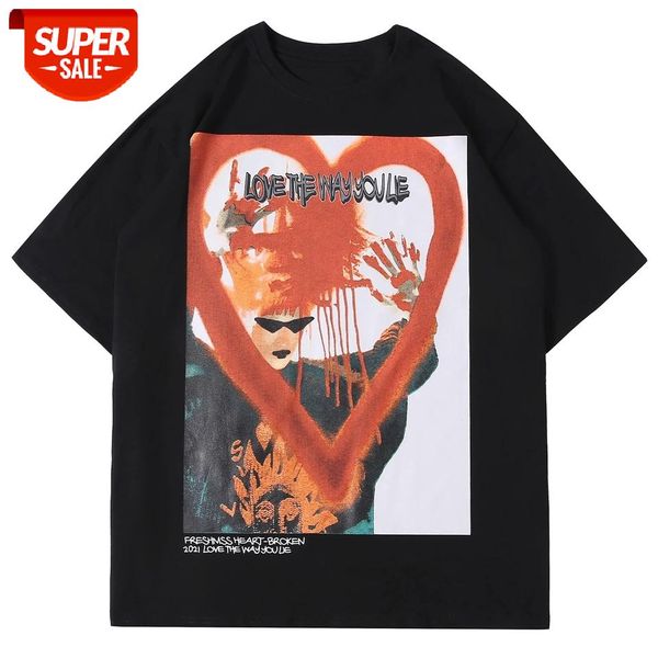 

streetwear hazy bloody heart print harajuku tshirt 2021 summer hip hop t-shirt men cotton short sleeve shirts summer loose #x87i, White;black