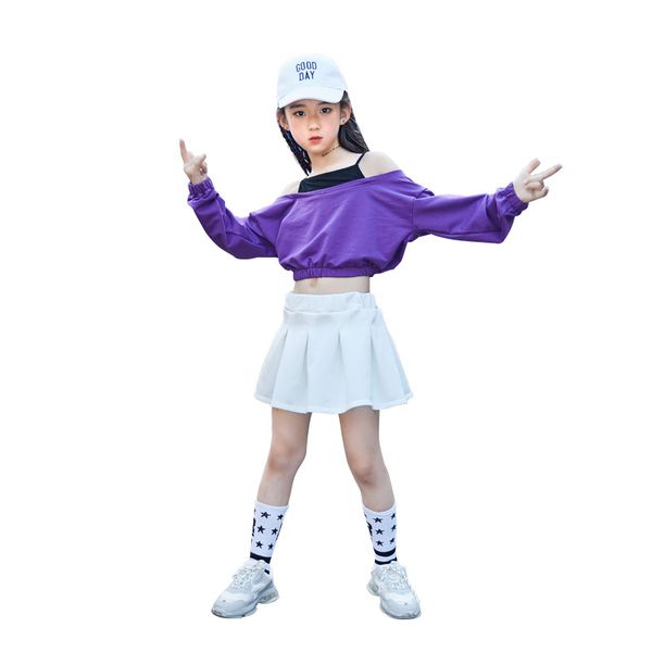 

kid fashion hip hop off shoulder crop camiseta de manga larga faldas plisadas blancas para nia traje de baile de jazz ropa, Black;red
