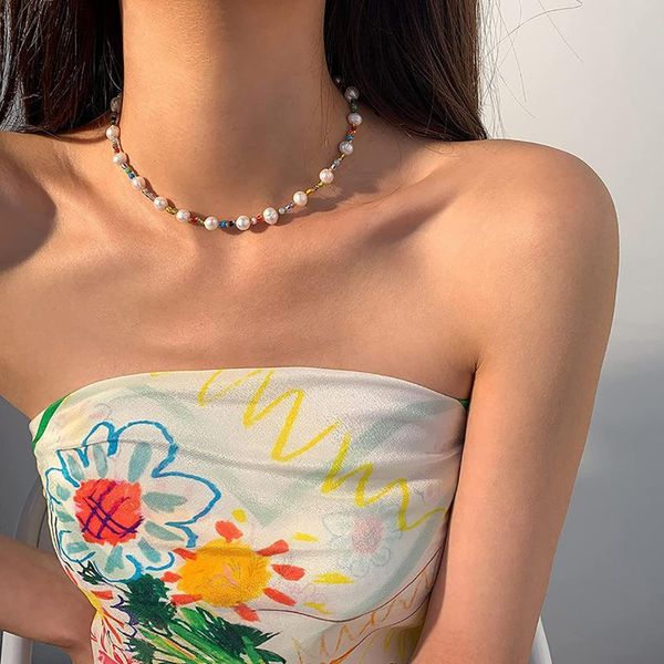 

chains moloye natural freshwater pearl beaded necklace summer bohemian stained glass bead gift suitable for girls and, Silver