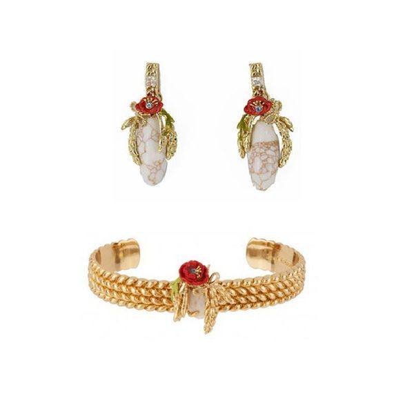 

earrings & necklace niche design light luxury wheat ear series set enamel color glaze red flower green leaf bow bracelet jewelry woman 2021, Silver