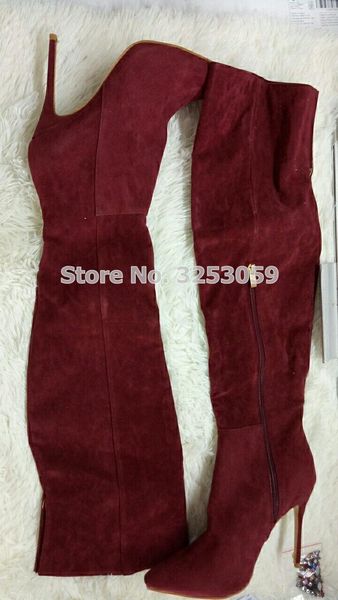 

boots almudena luxurious brand suede tall pointed toe slim fit thigh high stiletto heels long real po shoes, Black