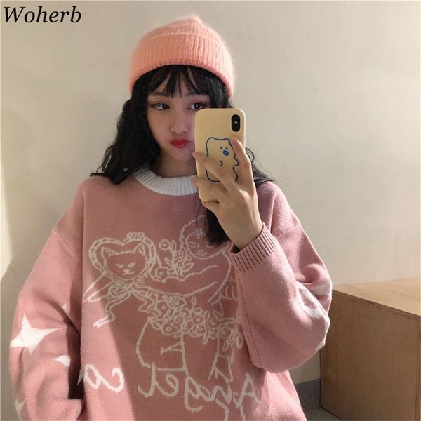 Woherb bonito malha pulôver mulher suéter outono japonês harajuku jumpers anjo cartoon streetwear fêmea casual 18805