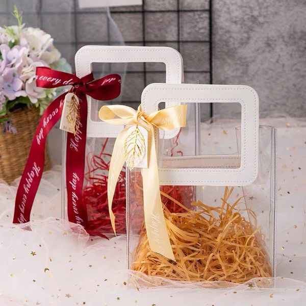 

gift wrap 1pc transparent pvc bags with handle florist flower bouquet packing wedding party clear wrapping decorations