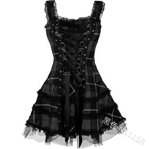

casual dresses 2021 spaghetti straps gothic style dress slim waist short medieval cosplay costumes women sleeveless cross lace up streetwear, Black;gray