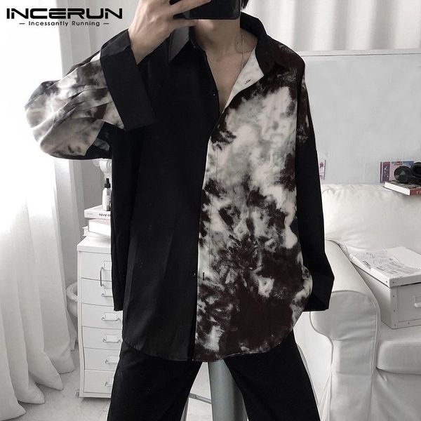 

men's casual shirts 2021 spring men shirt print patchwork lapel long sleeve korean fashion loose streetwear camisa s-5xl incerun, White;black