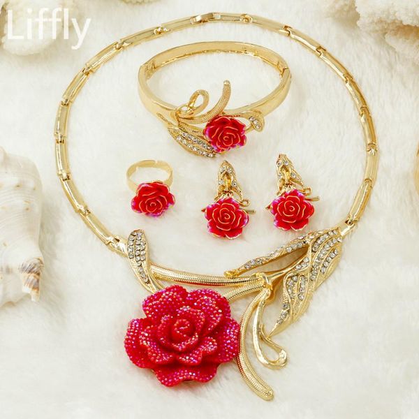 

earrings & necklace fashion dubai gold jewelry sets crystal exaggerate red rose women accessories bridal, Silver