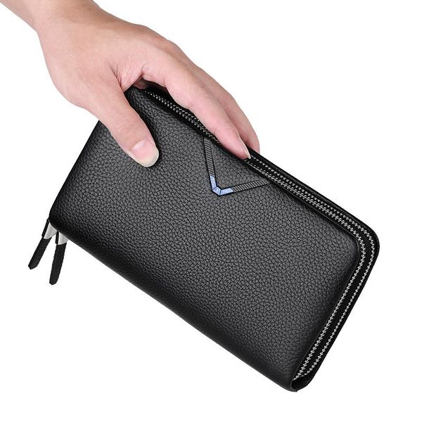 

wallets genuine leather double zipper handbag fashion men's wallet business large-capacity card bag, Red;black