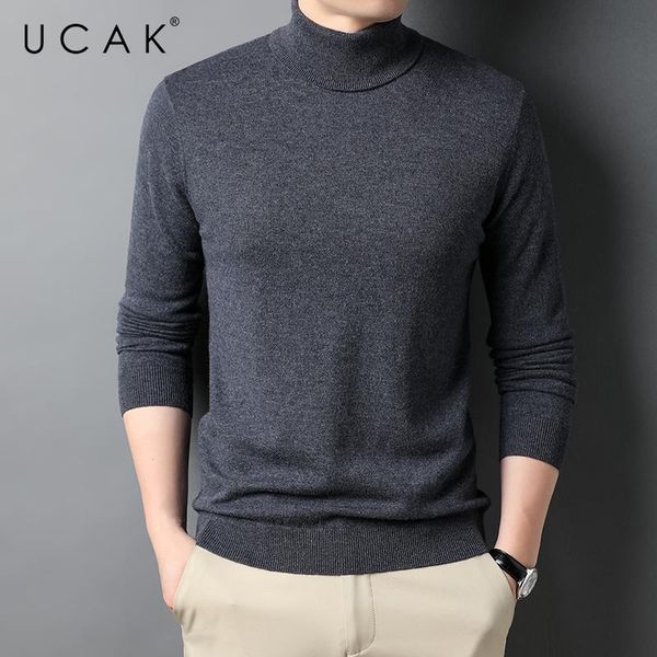 

men's sweaters ucak brand casual pure wool sweater men clothing turtleneck solid color streetwear pull homme autumn thin pullover u1247, White;black