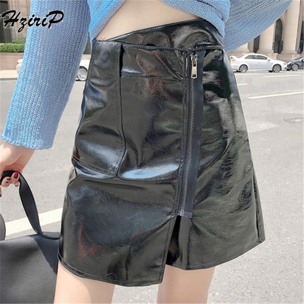

skirts hzirip 2021 autumn winter women skirt pu leather mini ladies casual zipper a-line irregular high waist clothing, Black
