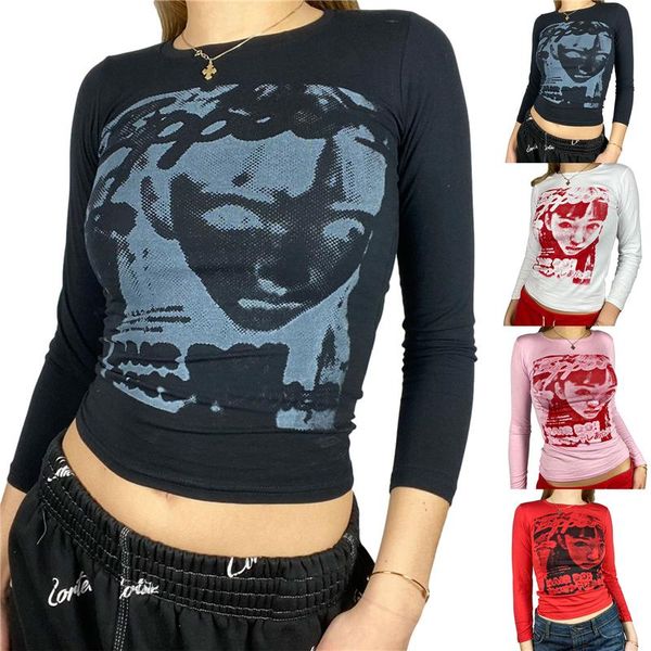 

women's t-shirt hirigin female adults human face print round collar long sleeve harajuku for women spring autumn clothes, White