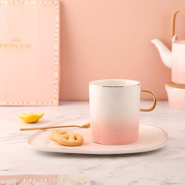 

nordic light luxury gold painting pink ceramic mug cute girl personality trend cup with spoon ins style