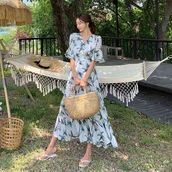 

summer style koean fashion temperanent thin elegant v-neck printed beach holiday dress office party for women dresses 210530, Black;gray