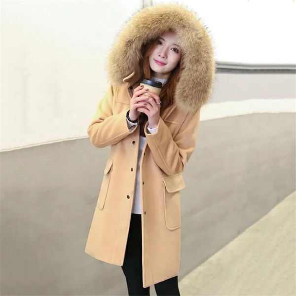 

women's wool & blends autumn winter women woolen coat medium long wild female outerwear hooded fur collar single-breasted ladies cw138, Black