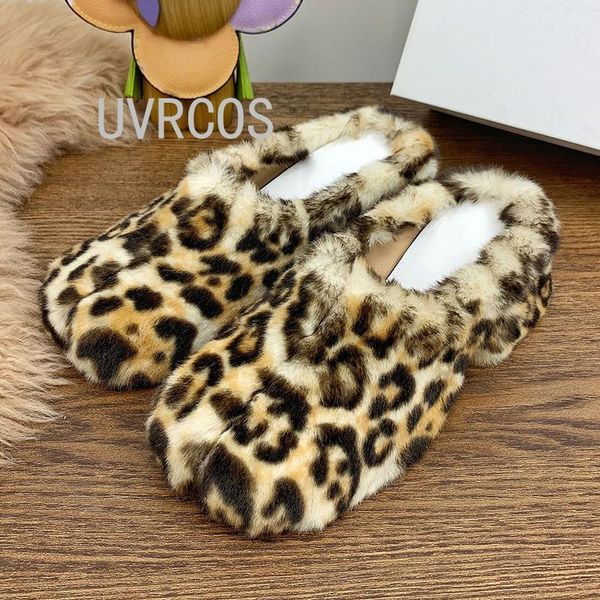 

slippers luxury ladies leopard fur middle heel round head half drag platform designer shoes woman 2021 autumn winter, Black
