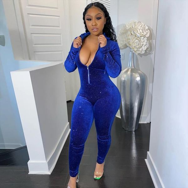 

blue velvet diamond glitter womens jumpsuits long sleeve hooded bodycon fitness zipper party club outfits, Black;white