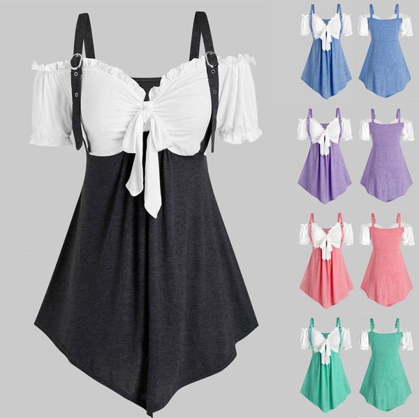 

women plus size t shirt solid camis bandage woman tshirts short sleeve fashion cold shoulder 2021 ropa mujer, White