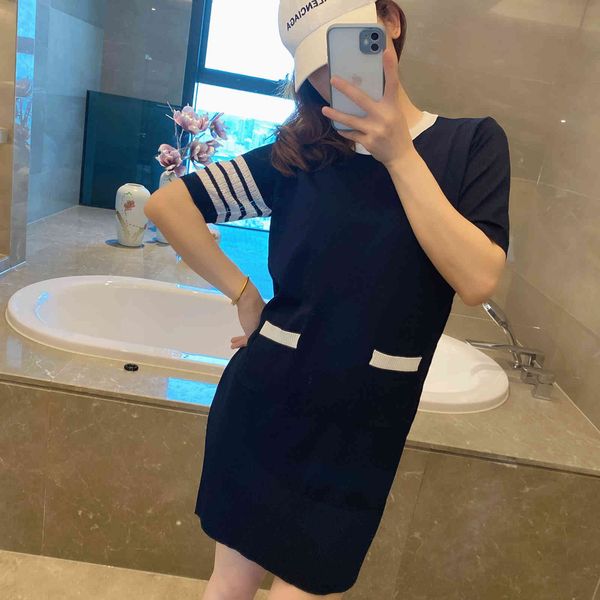 

summer new tb british style cartoon dog four bar pocket casual round neck knitted medium long short sleeve dress, Black
