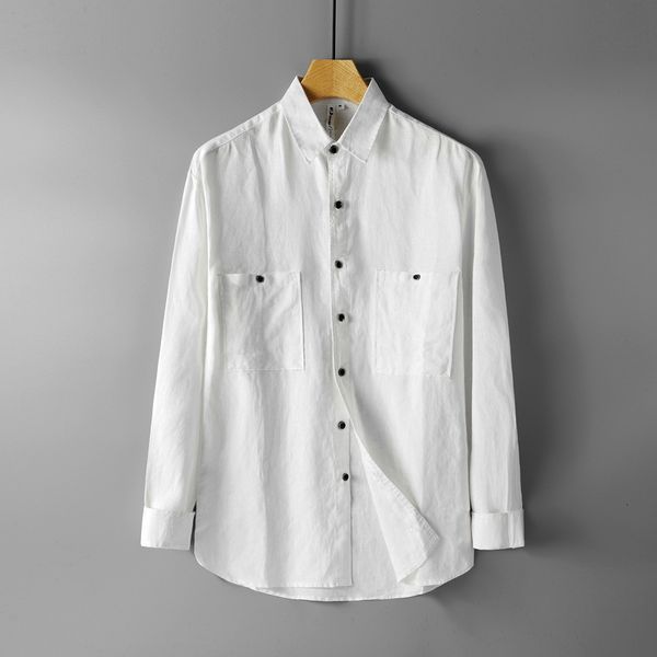 

2021 new autumn long sleeve linen white brand fashion shirt mens casual solid for men loose flax shirts male camisa 1xjd, White;black