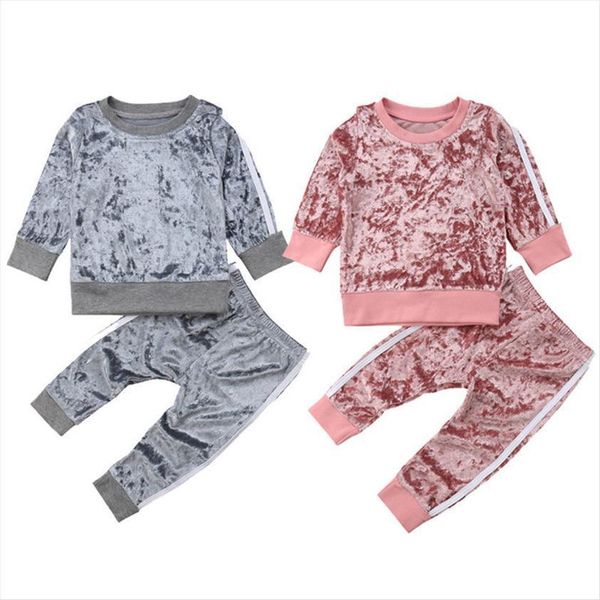 

toddler baby girls fashion clothes sets 2pcs velvet long sleeve solid pullover sweatshirt pants outfit 6m 5y, White
