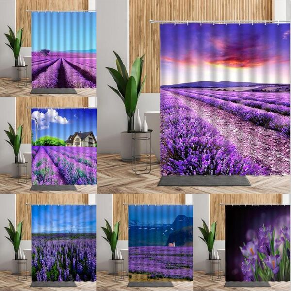 

shower curtains purple flower landscape curtain sets lavender flowers printed bathroom bath decor backdrop fabric 3d living room