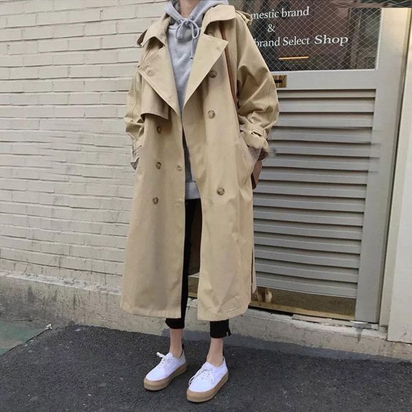 

women's trench coats spring autumn casual coat oversize double breasted vintage outwear sashes chic cloak female windbreaker, Tan;black