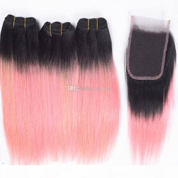 

dark roots #1b pink silky straight 3bundles weft with 4x4 closure ombre pink brazilian virgin hair 3bundles with lace closure, Black