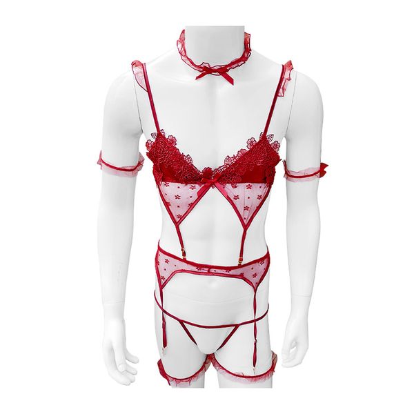 

sissy lingerie lace flower underwear panties with suspender belt arm thigh ring body harness mens bra thong set, Red;black