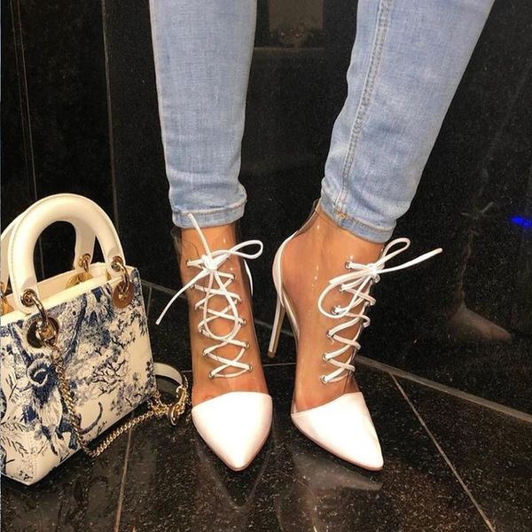 

boots 2021 transparent high heel ankle summer pvc pointed toe for women lace up gladiator shoes spring size 35-44, Black