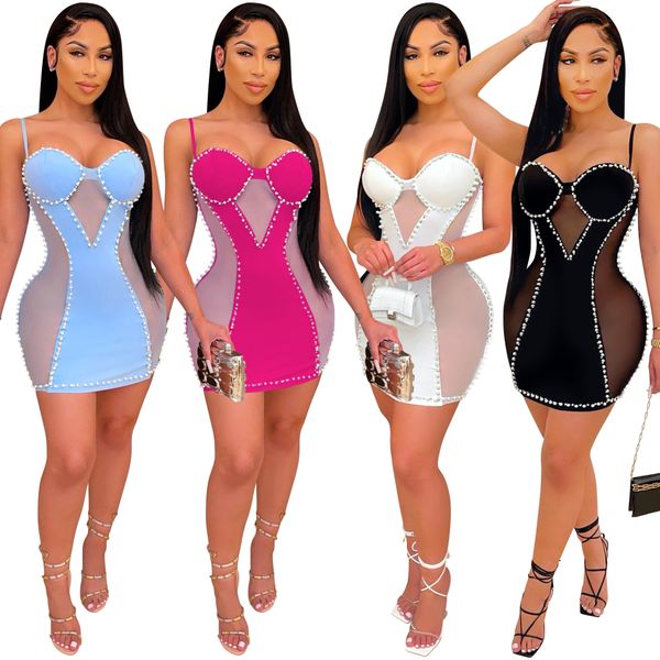 

fashion spaghetti strap women sequins dress 2022 summer women's pearls buttocks design dresses beautiful nightclub party tight net tran, White;black