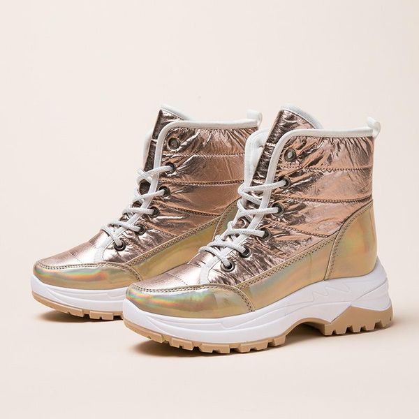 

boots fashion gold women snow 2021 warm plush platform shoes lace up round toe short winter casual botas, Black
