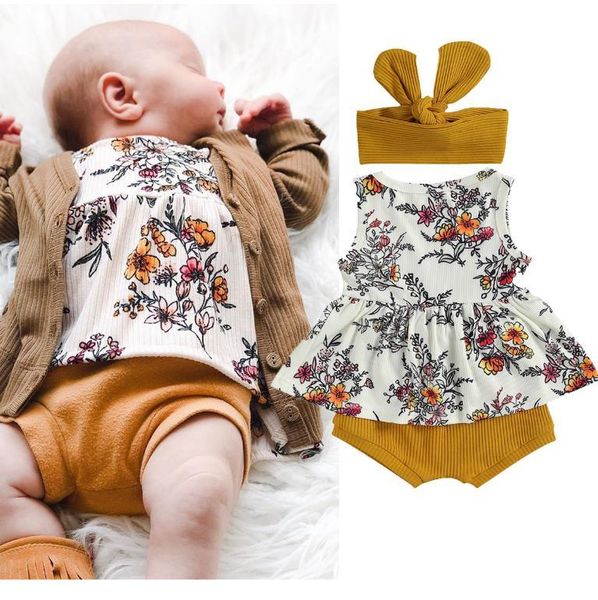 

3pcs set baby girl flower clothes fashion flower print sleeveless vest solid color short pants headband baby clothing, White