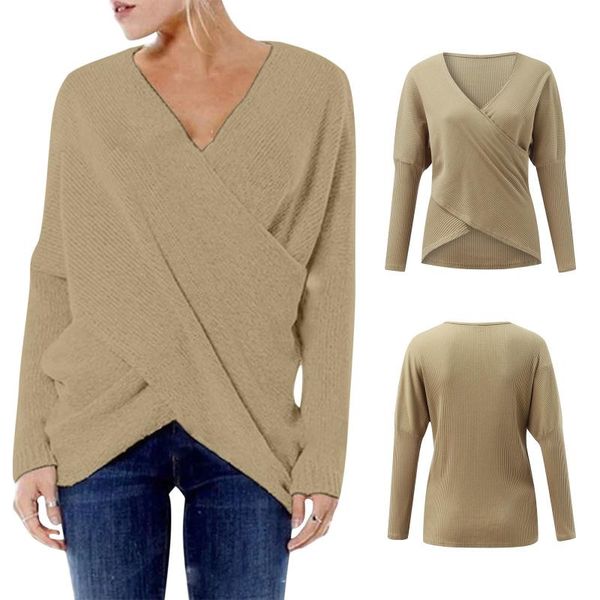 

women's blouses & shirts knitting autumn sweaters v neck drop-shoulder irregular hem cross front women loose casual long sleeve bl, White