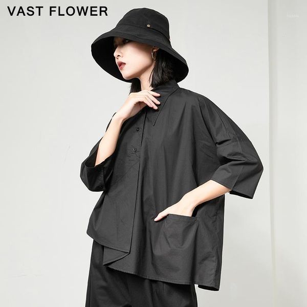 

spring plus size irregular black blouse women lapel three quarter sleeve loose casual brief shirt fashion clothing, White